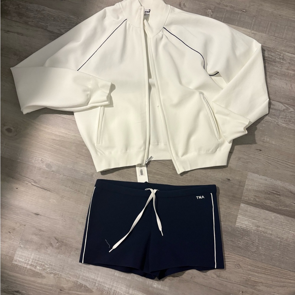 TNA White Zip Jacket with Navy Athletic Shorts
